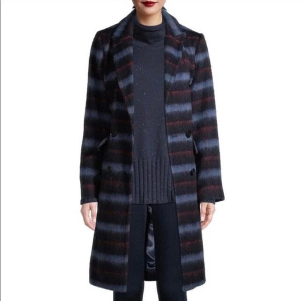 BCBGeneration Women's Double Breasted Notch Collar Plaid Wool Coat Blue Sz M